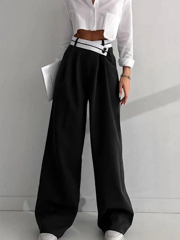 Comfortable stretch pants for casual daily wear -BerryBetty - Asymmetrical Contrast Waistband Wide Leg Dress Pants