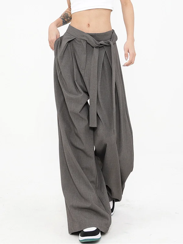 Quick-dry pants for active sports enthusiasts -BerryBetty - Tied Pleated Full Length Wide Leg Dress Pants