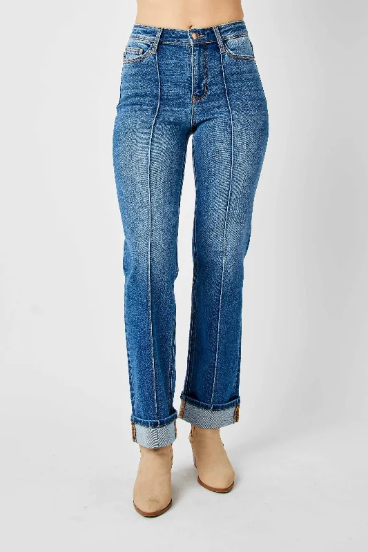 Branded Jeans for Quality -Judy Blue High Waist Front Seam Detail & Cuffed Straight Denim Jeans 82571