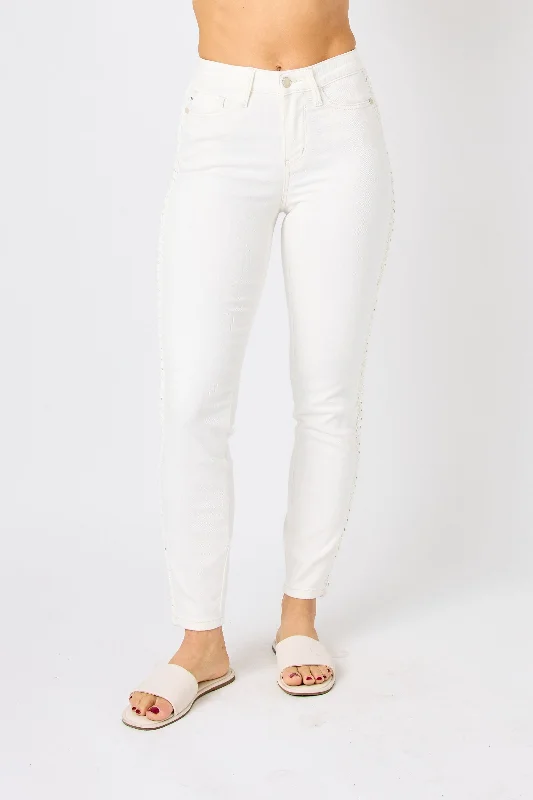 Distressed Jeans for Edgy Style -Judy Blue Mid Rise Braided Detail White Relaxed Fit Denim Jeans 88782