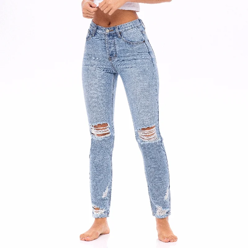 School Jeans for Uniform -Star Stitched Pockets - Distressed High Waisted Mom Jeans  - The Zinnia