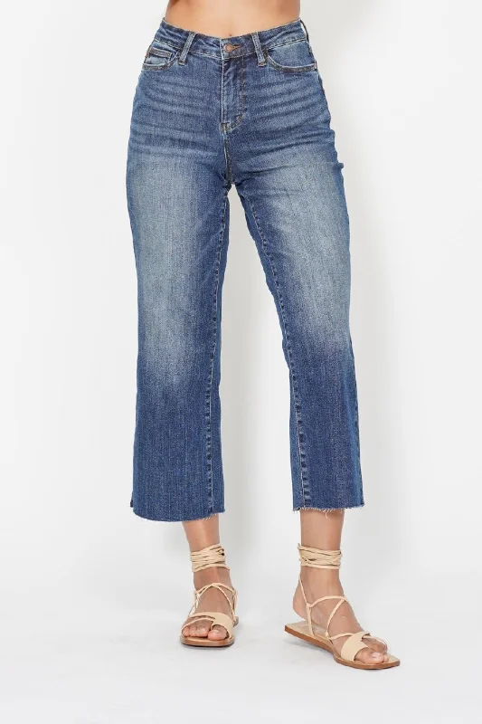 Cropped Jeans for Summer Look -Judy Blue High Waist Back Pocket Embroidery Crop Wide Leg Denim Jeans 88873