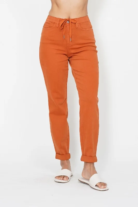 Decorated Back Pocket Jeans for Style -Judy Blue High Waist Garment Dyed Auburn Orange Double Cuff Jogger Denim Jeans 88911