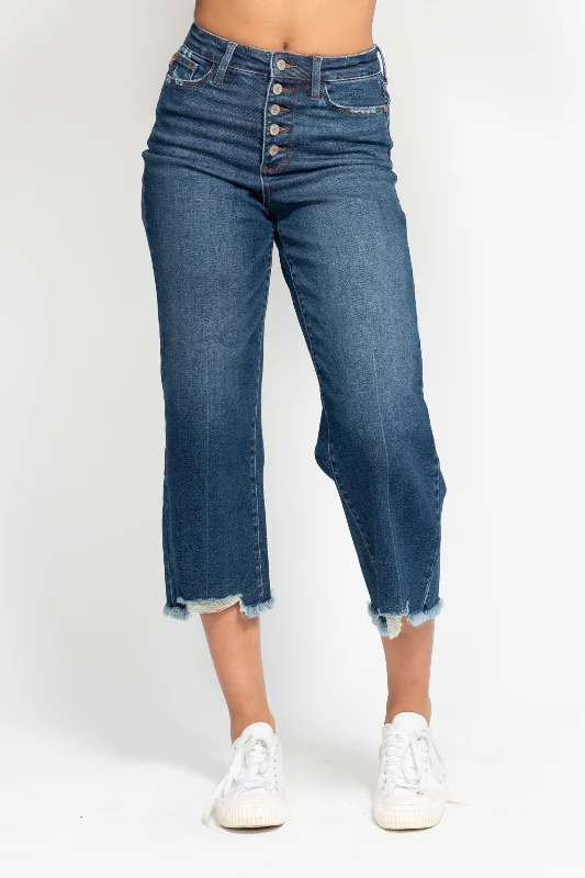 Skinny Jeans for Slim Fit -Judy Blue High Waist Button Fly Destroy Wide Leg Crop Denim Jeans 88887