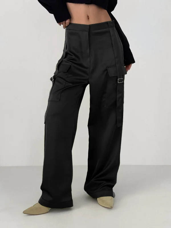 Vintage denim pants for timeless rugged style -BerryBetty - Live It Up Satin Cargo Parachute Pants