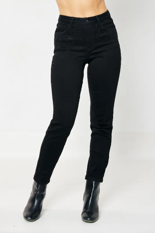 Wide Leg Jeans for Comfort -Judy Blue High Waist Rhinestone Embellishment Slim Denim Jeans 88809