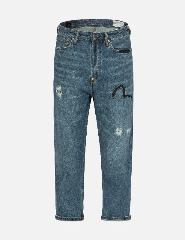 Shopping Jeans for Convenient -Washed and Distressed Seagull Patchwork and Logo Embroidery Cropped Jeans #2027