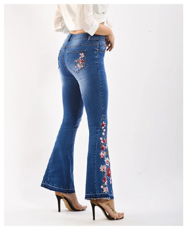 Denim Jeans for Durability -BerriesJam - Embroidery Skinny Flare Denim Casual Jeans