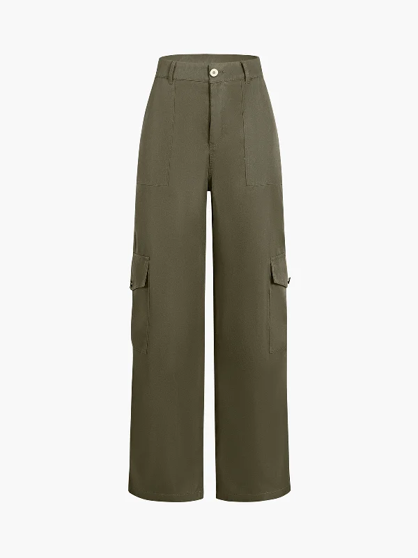 Comfortable stretch pants for casual daily wear -BerryBetty - Buttoned Cargo Pockets Straight Leg Pants