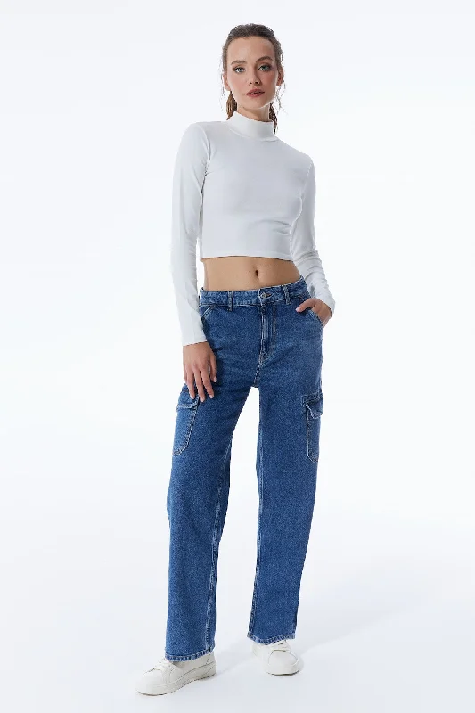 High Waisted Jeans for Shape -Charlotte High Waist Cargo Jeans Medium Blue