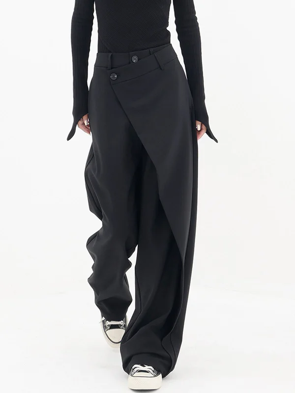 Vintage denim pants for timeless rugged style -BerryBetty - Asymmetrical Layer Button Wide Leg Dress Pants