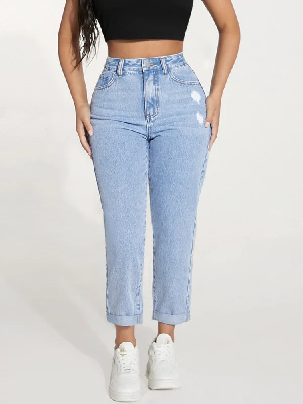 Low Waisted Jeans for Casual -BerriesJam - High Waist Ripped Roll Up Hem Straight Leg Jeans