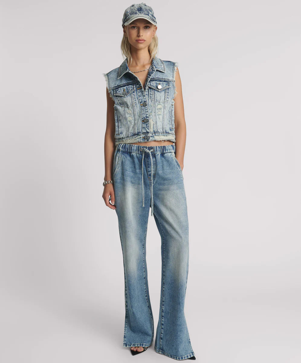 Ripped Jeans for Trendy Look -Roadhouse Wide Leg Drawstring Denim Jeans - Sunset Blue