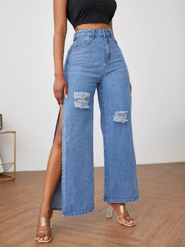 Blue Jeans for Everyday Wear -BerriesJam - Fashion High Split Wide Leg Casual Loose Hole Jeans