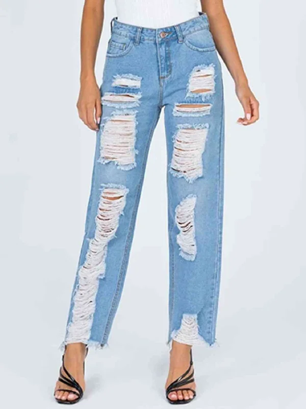 Fashion Jeans for Trendsetter -Raw Hem Distressed Straight Jeans