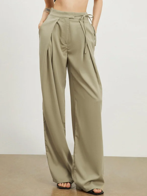 Multi-pocket pants for organized travel convenience -BerryBetty - Tied Relaxed Fit Wide Leg Pants