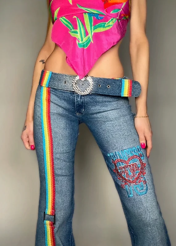 Casual twill pants for easygoing daily outfits -Y2K Rare Rainbow Bondage Flared Jeans & Heart Belt – Size 4