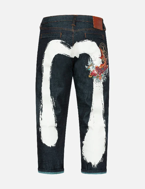 Distressed Jeans for Edgy Style -Koi Embroidery and Brushstroke Daicock Print Cropped Jeans #2027