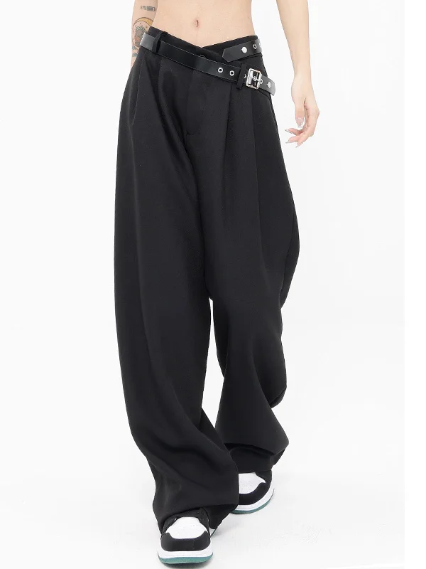 Designer leather pants for high-fashion nightwear -BerryBetty - Street Belted Wide Leg Pants