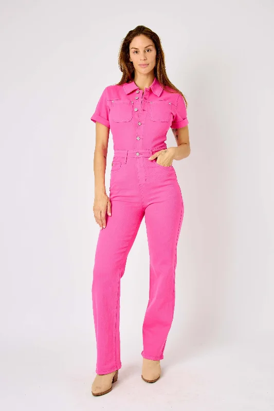 Colored Jeans for Variety -Judy Blue High Waist Garment Dyed Hot Pink Short Sleeve Straight Denim Jeans Jumpsuit 88834