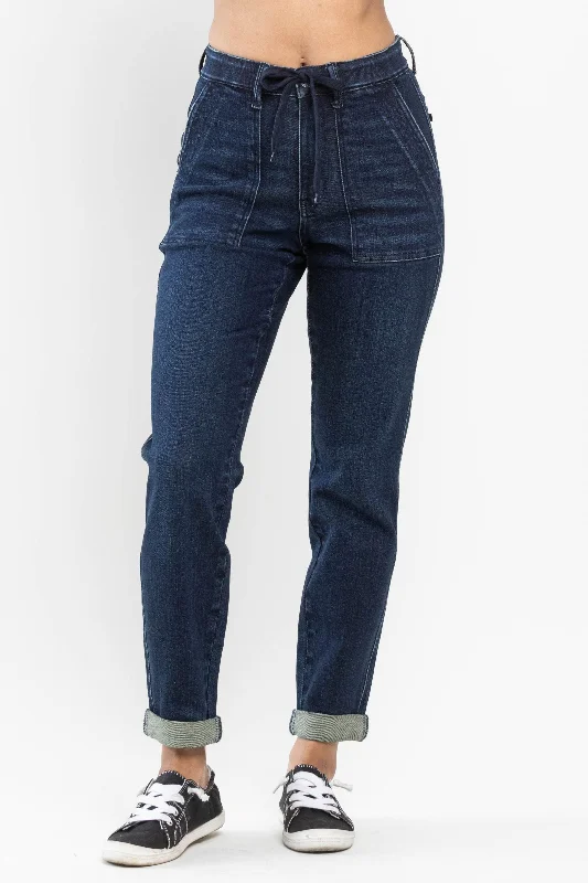 Cargo Jeans for Utility -Judy Blue High Waist Dark Wash Double Cuffed Jogger Denim Jeans 88740