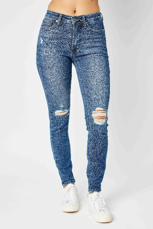 Blue Jeans for Everyday Wear -Judy Blue Mid Rise Tummy Control Destroy Skinny Denim Jeans 88798