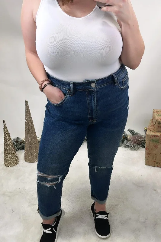 Low Waisted Jeans for Casual -The Phoebe's- {CURVY} Distressed Roll Up Mom Jeans