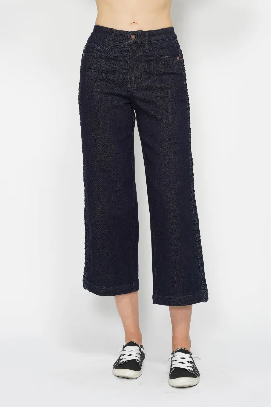 Work Jeans for Tough Jobs -Judy Blue High Waist Side Seam Braid Detail Wide Leg Crop Denim Jeans 88851