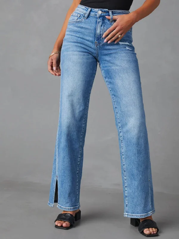 Wrap Skirt Jeans for Versatile -Slit Buttoned Jeans with Pockets