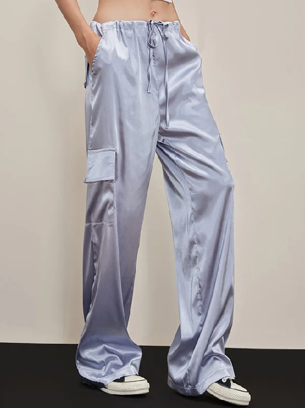 Tailored ankle pants for chic office outfits -BerryBetty - Oversized Pockets Satin Parachute Pants