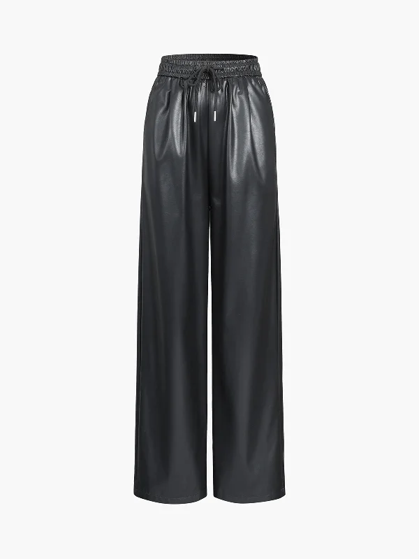 Bold patterned pants for standout fashion statements -BerryBetty - Drawstring Faux Leather Straight Leg Pants