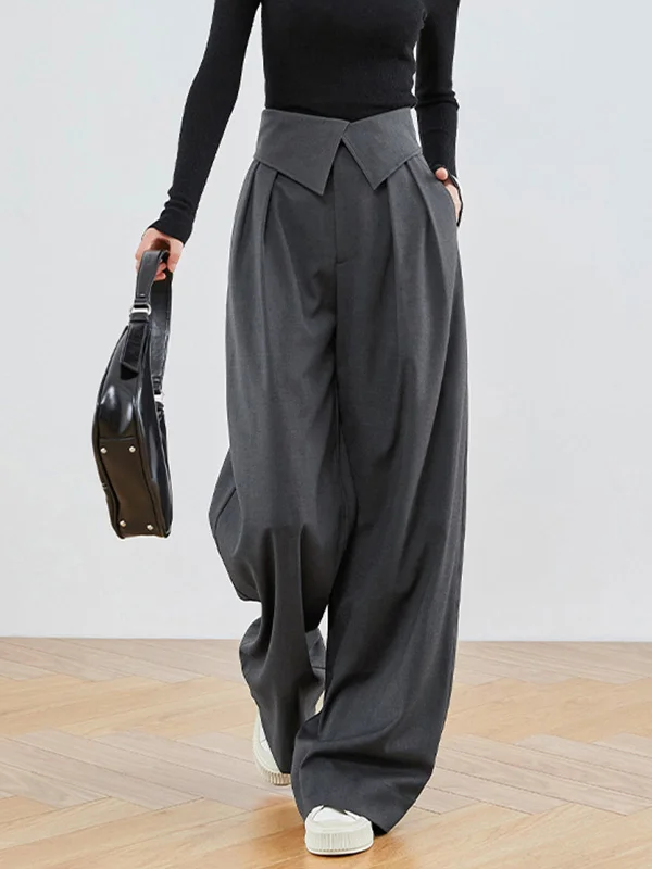 Stretch twill pants for flexible office comfort -BerryBetty - Leisure Fold Over Wide Leg Pants