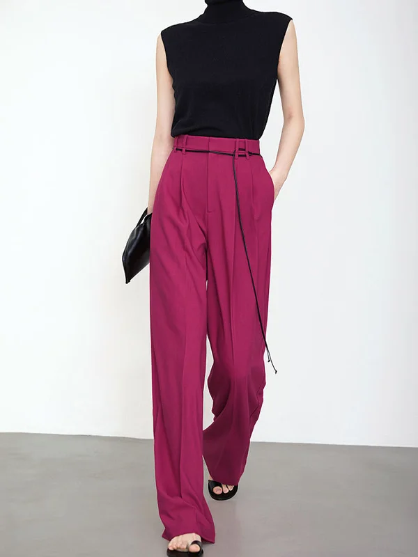 Slim-fit chinos for modern business casual -BerryBetty - Full Length String Decor Pleated Wide Leg Pants