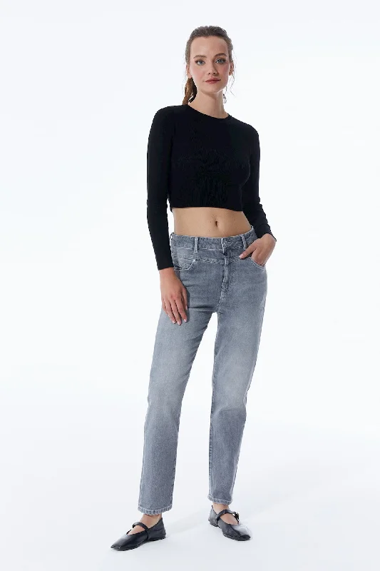 Faded Jeans for Laid-back -Victoria Mid Waist 5 Pocket Jeans Grey VT