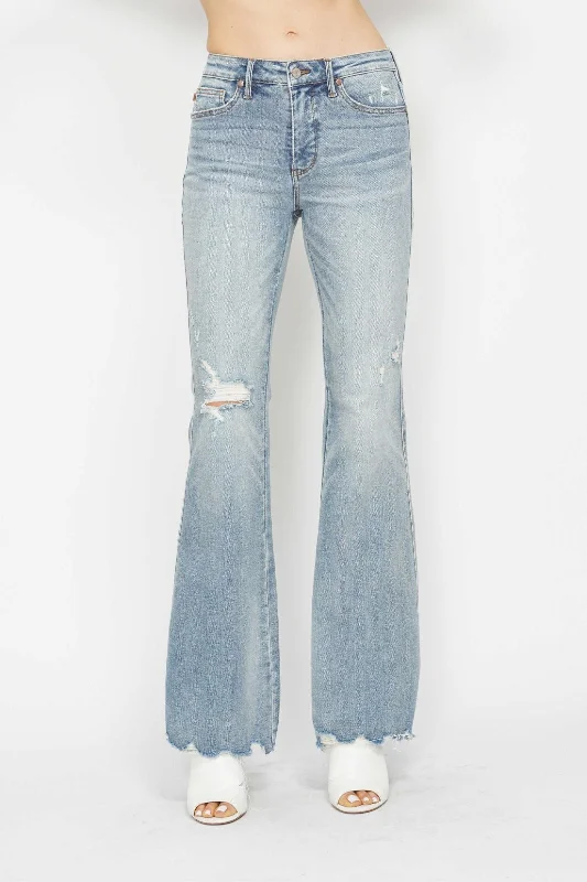 Camping Jeans for Wilderness -Judy Blue Mid Rise Tummy Control Destroy Flare Denim Jeans 88594