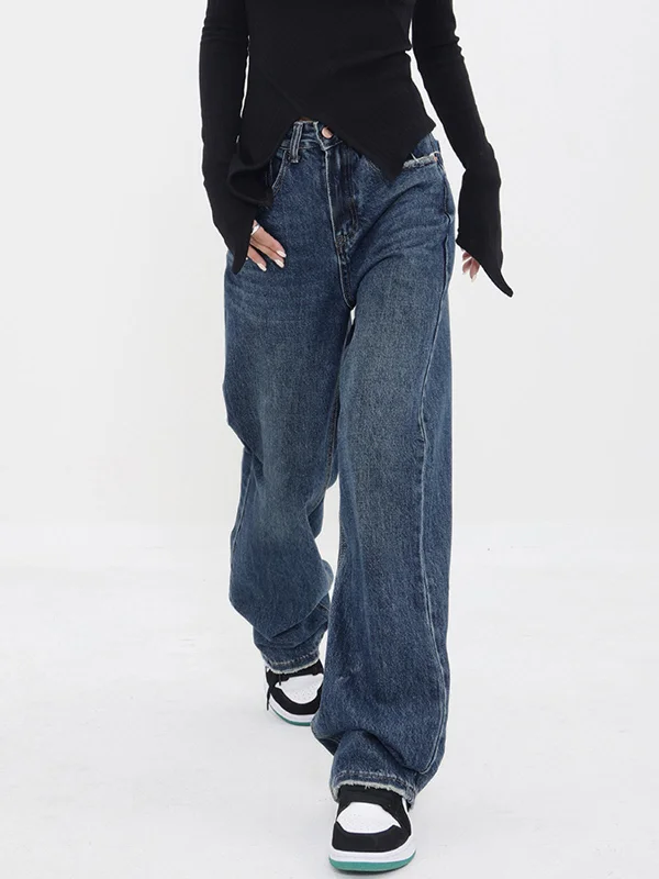 Warm flannel pants for chilly morning lounging -BerryBetty - Patchwork Pockets Denim Wide Leg Boyfriend Jeans