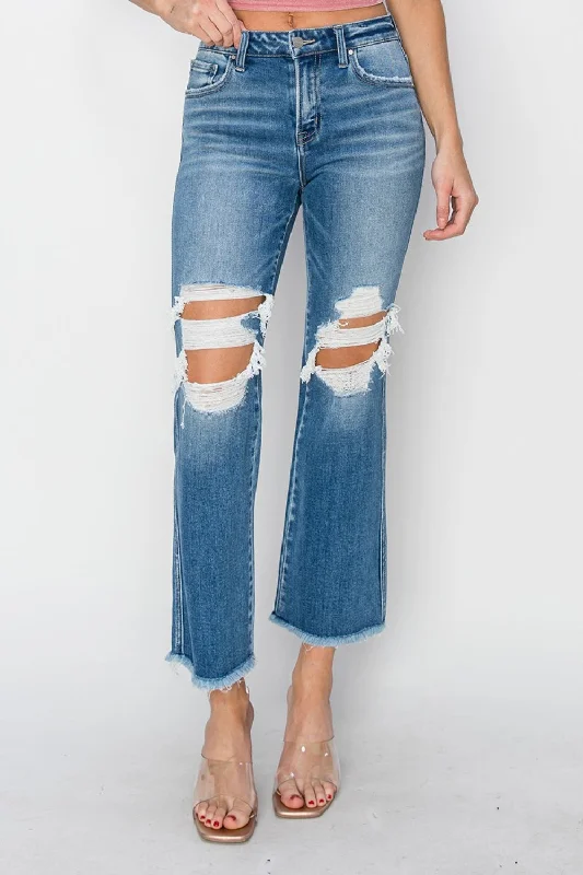 Button Fly Jeans for Traditional -RISEN Mid Rise Distressed Cropped Flare Jeans