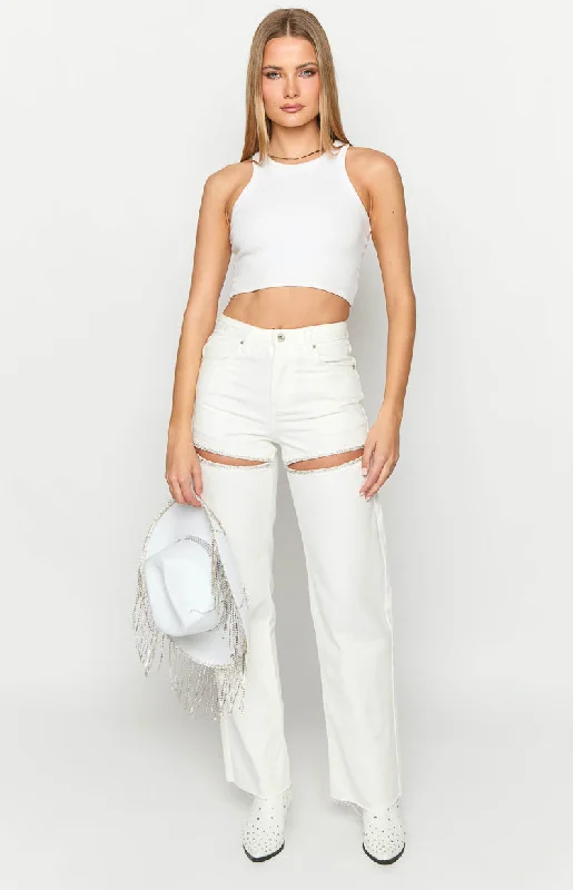 A-line Skirt Jeans for Grace -Gem Diamante Trim Wide Leg White Denim Jeans