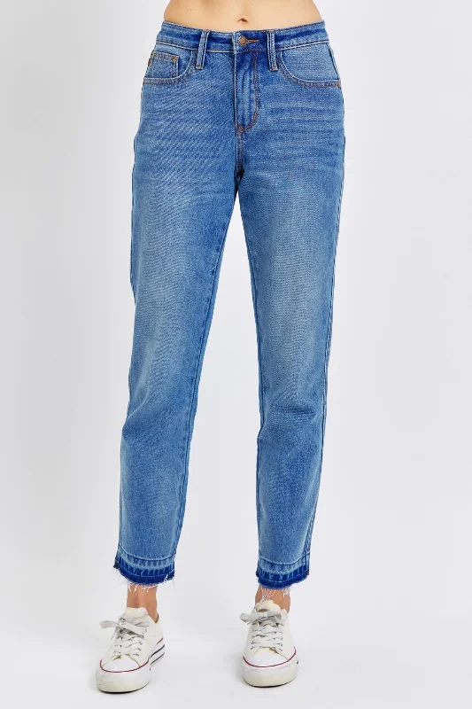 Straight Jeans for Classic Style -Judy Blue Mid Rise Rigid Magic Release Hem Boyfriend Denim Jeans 88818