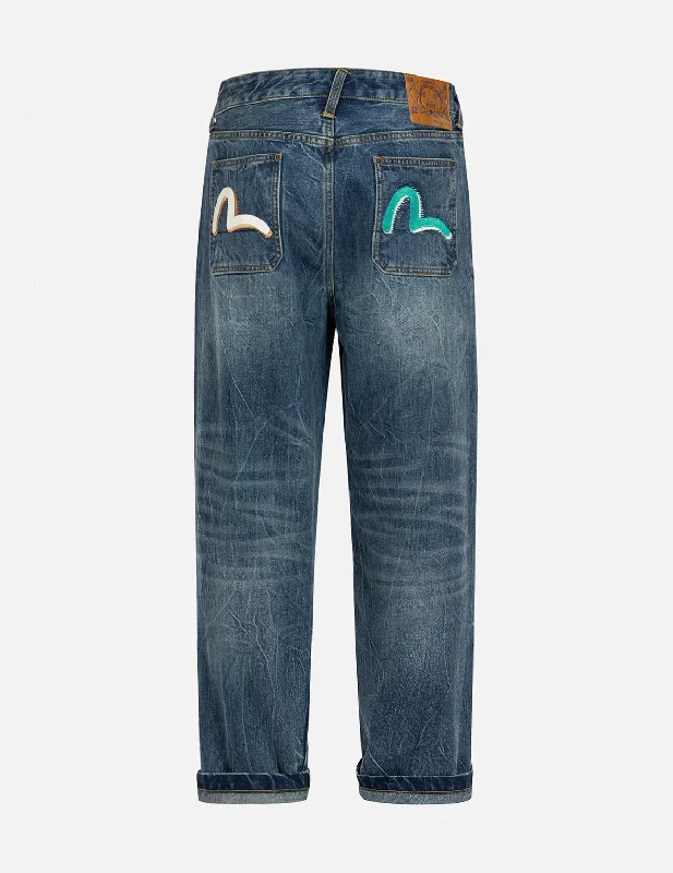 Straight Jeans for Classic Style -Seagull Print and Embroidery Relax Fit Jeans