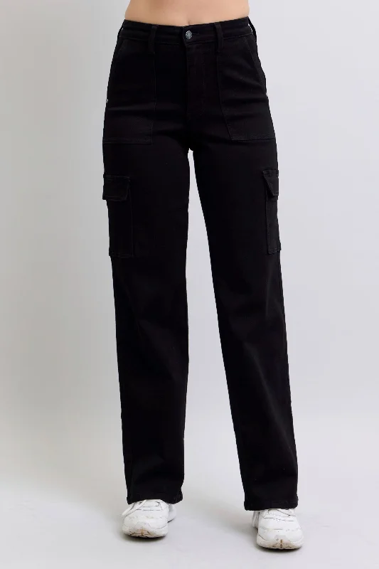 Relaxed Jeans for Comfortable -Judy Blue High Waist Cargo Wide Leg Black Denim Jeans 88886