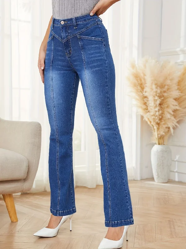 Metal Button Jeans for Classic -High Waist Bootcut Jeans with Pockets