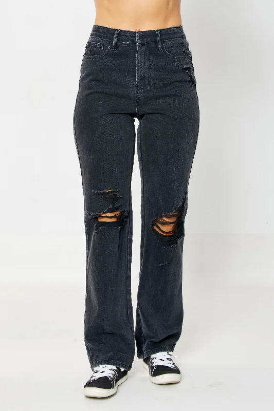 Distressed Jeans for Edgy Style -Judy Blue High Rise Rigid Magic 90's Distressed Straight Jeans in Black 88737