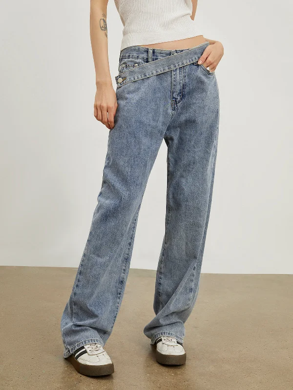 Bold patterned pants for standout fashion statements -BerryBetty - Oblique Belt Denim Straight Leg Jeans