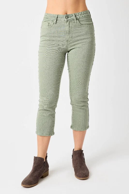 High-end Jeans for Exclusivity -Judy Blue Mid Rise Garmet Dyed Sage Capri Denim Jeans 78113