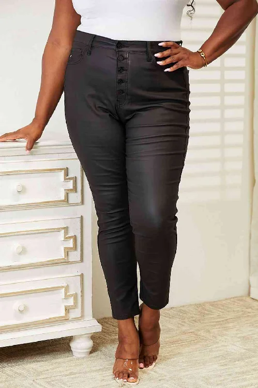 Cropped Jeans for Summer Look -Kancan Full Size High Rise Black Coated Ankle Skinny Jeans