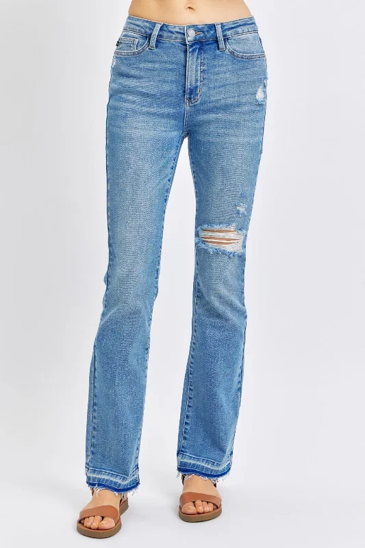 Printed Jeans for Pattern -Judy Blue Mid Rise Destroy & Release Hem Bootcut Denim Jeans 88632