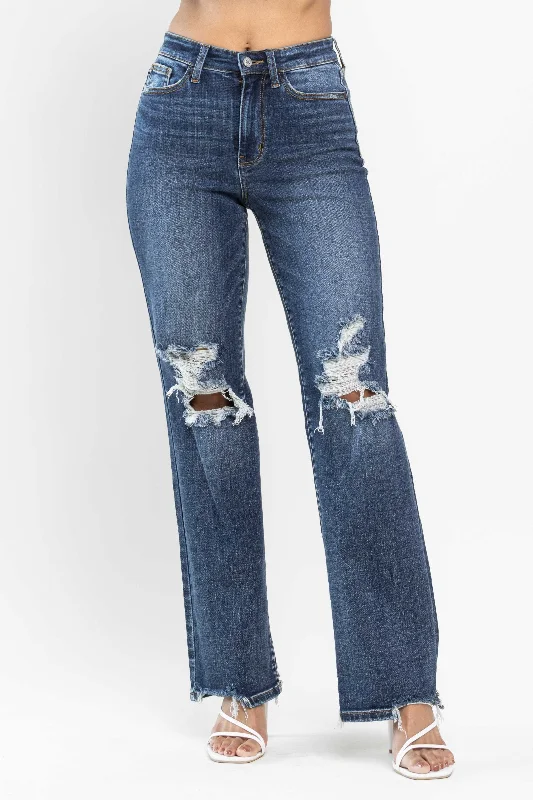 Cuffed Jeans for Stylish Touch -Judy Blue High Waist 90's Knee Destroy Straight Denim Jeans 82592