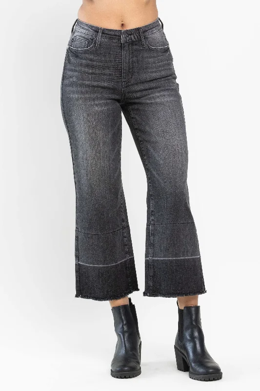 Denim Jeans for Durability -Judy Blue High Waist Wide Release Hem Wide Leg Crop Denim Jeans 88762