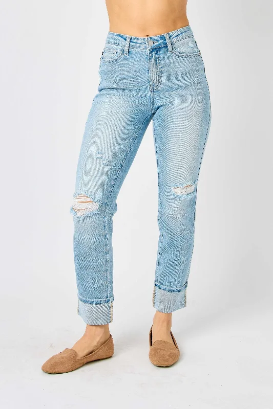 Four Pocket Jeans for Simplicity -Judy Blue Mid Rise Flag Cuff Boyfriend Denim Jeans 88723